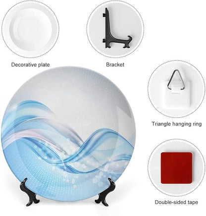 Ceramic Plates, Abstract Decorative Ceramic Plates, Modern Wavy Ocean Surfer Summertime Themed, 8 Inch, for Dining, Parties, Wedding, Pale Blue and White