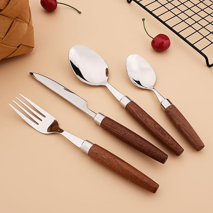4-Piece Wooden Handle Silverware Set, BRIIEC 304 Stainless Steel Flatware Set - Image 4