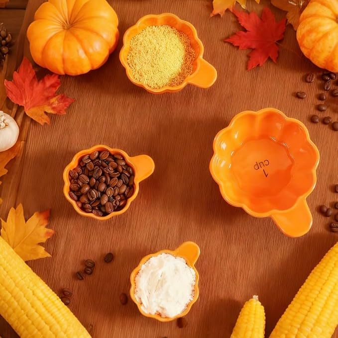 Pumpkin Ceramic Measuring Cups, 4-Piece Set, ⅓ & ¼ Cup Sizes, Baking & Cooking - Image 4