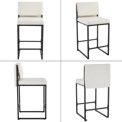 Modern Barstools Set of 4, 26” Upholstered Counter Height Bar Stools Linen Fabric Counter Stools with Padded Back Metal Frame for Kitchen Island Dining Room, Beige