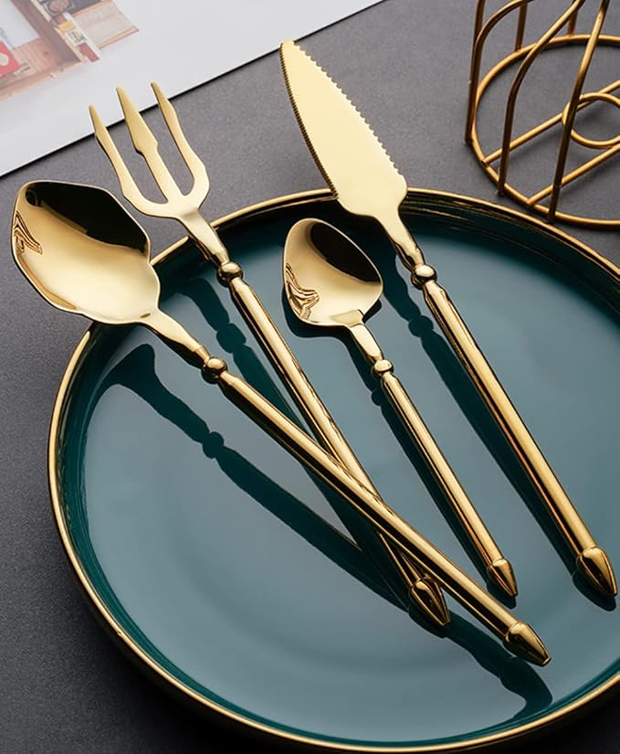 Gold Silverware Set for 8 Durable 18/10 Stainless Steel Flatware Set Creative Styles 32 Piece Modern Cutlery Tableware Utensils Set for Home Kitchen Wedding Restaurant Knives forks and Spoons