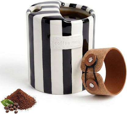 10oz Ceramic Coffee Mug with Sip Hole Hand-Painted Striped Ceramic Cup | Unique by Foubret