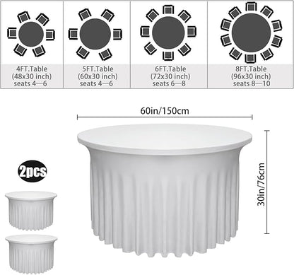 2 Pack White Round Table Skirt, 60 Inch Diameter x 30 Inch Height, Stretch Polyester Spandex Tablecloth for 5ft Round Tables, Stain & Wrinkle Resistant for Wedding, Banquet Decor