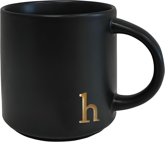 COLLECTIVE HOME Black Ceramic Coffee Mug, 15 oz Golden Monogram Tea Cup | by COLLECTIVEHOME