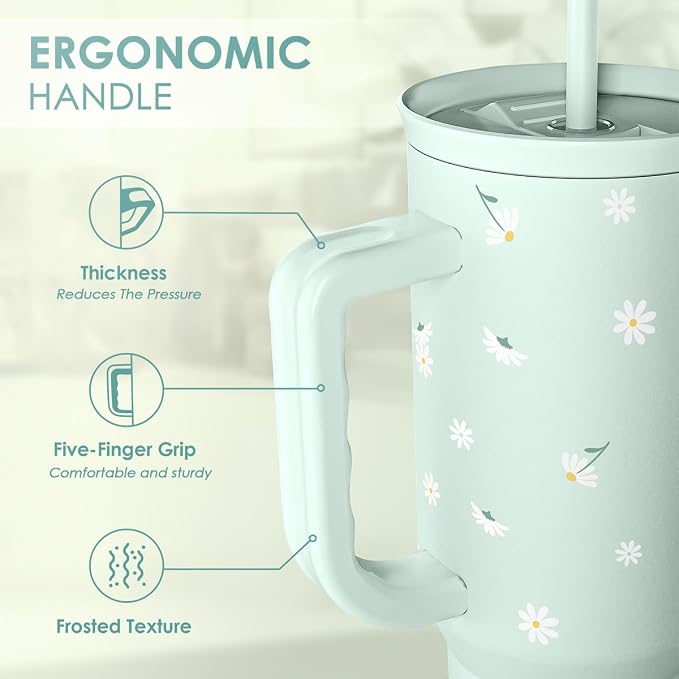 Daisy 40oz Tumbler with Handle and Straw – Flower Insulated Stainless Steel - Image 3