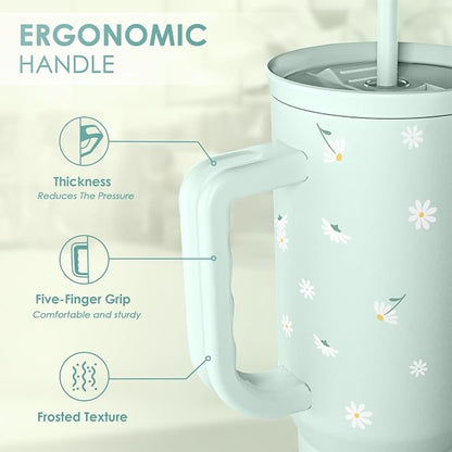 Daisy 40oz Tumbler with Handle and Straw – Flower Insulated Stainless Steel - Image 3