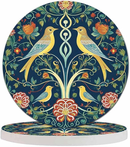 Vintage Flowers and Birds Cup Coasters Set of 2 Colorful Symmetry Pattern Tribal Floral Foliage Paisley Wooden Table Apartment Decor 100% Diatomite for Drinking Glasses,4 Inches