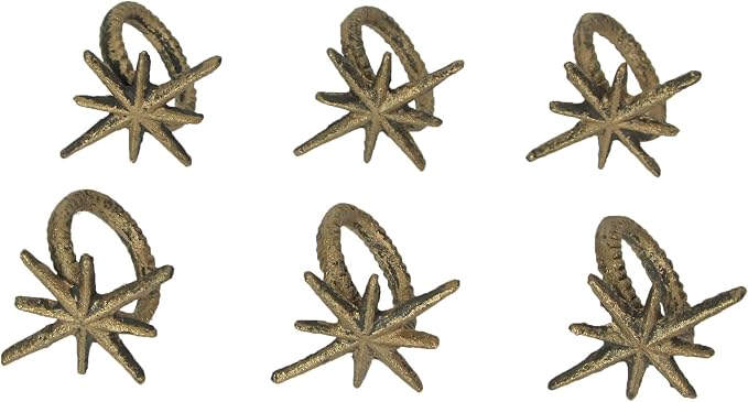 Set of 6 Mid-Century Starburst Napkin Rings, Antique Gold Cast Iron | Each 2.75 by Zeckos