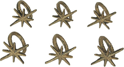 Set of 6 Mid-Century Starburst Napkin Rings, Antique Gold Cast Iron | Each 2.75 by Zeckos