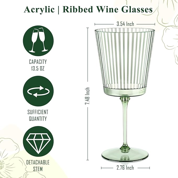 12 PCS Green Plastic Wine Glasses with Removable Stems 13.5 Oz Ribbed Wine Glasses Square White Wine Glass Muted Pastel Colors Goblets Elegant Fluted Glassware for Wedding Anniversary Birthday