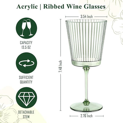 12 PCS Green Plastic Wine Glasses with Removable Stems 13.5 Oz Ribbed Wine Glasses Square White Wine Glass Muted Pastel Colors Goblets Elegant Fluted Glassware for Wedding Anniversary Birthday