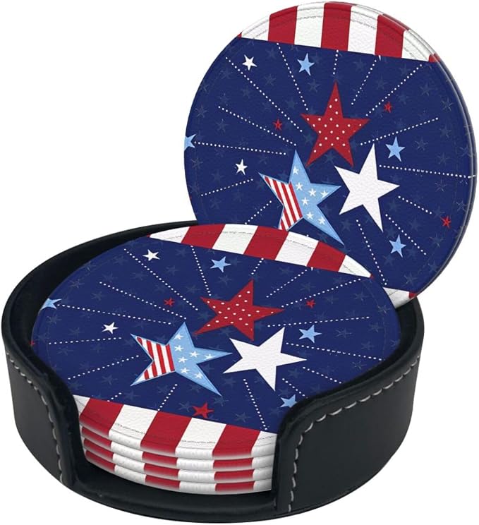6 Pcs 4th of July Star Red Blue Independence Day Patriotic Star Leather Coasters - Image 3