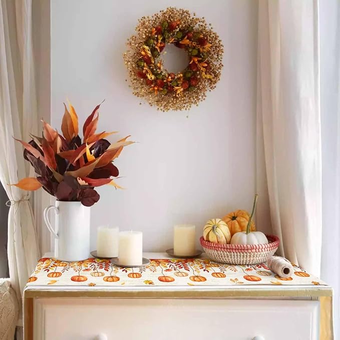 Orange Pumpkin Fall Table Runner 72 Inches Long, Thanksgiving Maple Eucalyptus - Image 3