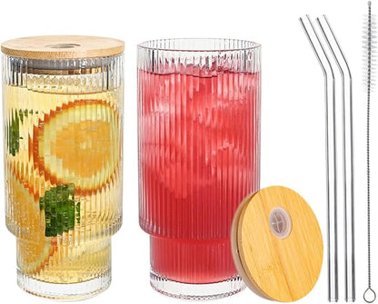 Drinking Glasses with Bamboo Lids and Glass Straw 2pcs Set, 16oz Glass Tumbler by Unknown