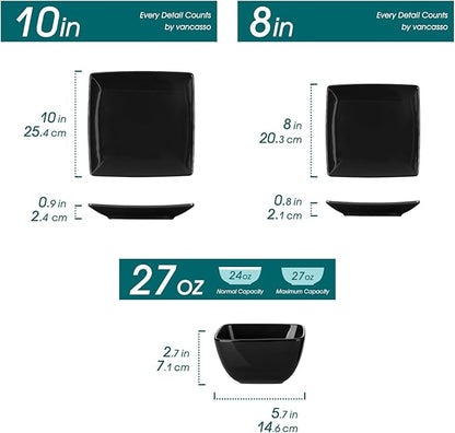 vancasso Soho Dinnerware Sets 12 Pieces, Black Stoneware Square Place Setting, Plates and Bowls Sets, Dinner Plate, Dishes Set for 4
