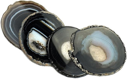 Black Agate Slices Bulk Geode Coasters Set of 4 with Rubber Bumpers - Unique 3-4 Inch Dyed Stone Drink Crystal Coasters for Home Decor, Coffee Table, Bar Accessories