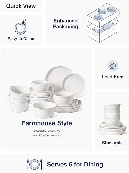 LE TAUCI Ceramic Plates and Bowls Set for 6, 18-Piece Ceramic Dinnerware Set, Farmhouse Dishes Set, Microwave & Dishwasher Safe, Stackable, 10" Dinner+8" Salad Plates+6" Bowls, White