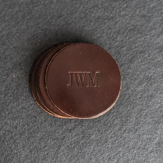 Ox & Pine Personalized Leather Coaster - Sold Individually or in Sets of 4 - Customize Inscription - 100% Full-Grain Leather – 4" Round or 4" Square (Round, Black, Set of 4 Coasters)