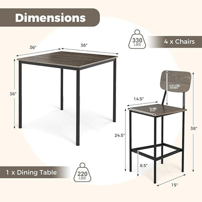 COSTWAY Dining Table Set for 4, 5-Piece Square Kitchen Nook Dinette Set with 4 Bar Stools with Footrest, Backrest, Space-Saving Design, Industrial Kitchen Table and Chairs for Apartment, Grey