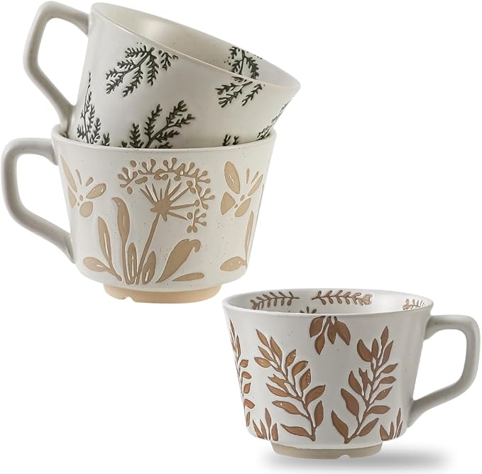 12 Ounce Ceramic Mug Set of 3 Embossed Leaf Ceramic Coffee Mugs, Vintage by Tvvtuww