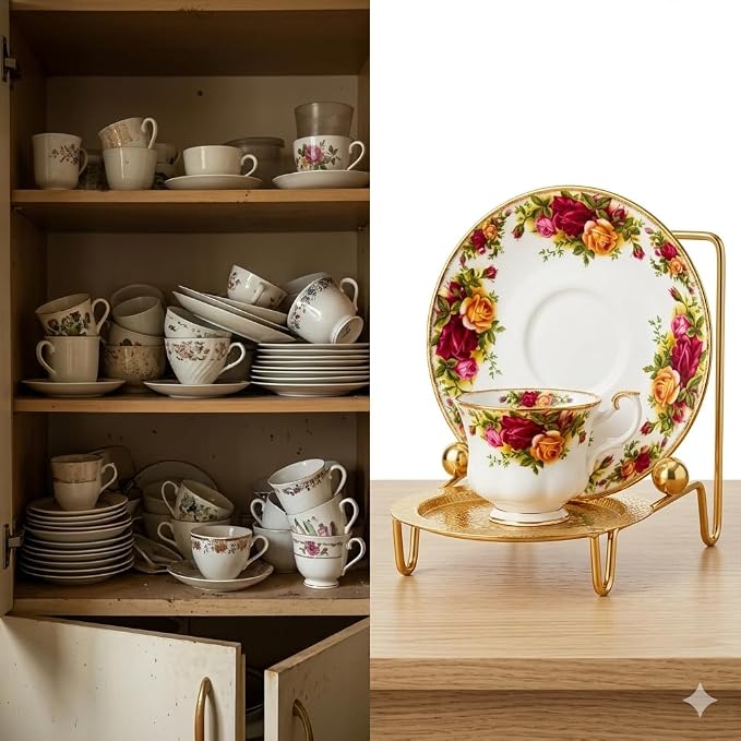 HOHIYA Gold Tea Cup and Saucer Display Stand 6 Cup Holder Rack | Elegant gold - Image 6