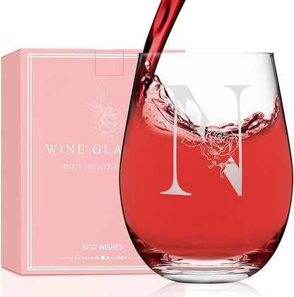Valentines Day Gifts for Her, Gifts for Women Her Friend Mom Grandma Wife Sister Bridesmaid Nurse, Birthday Galentines Mothers Day Christmas, Personalized Initial Customized Wine Glasses 18OZ(N)
