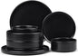 E-far 8-Piece Black Plates and Bowls Sets - Stoneware Dinnerware Sets with Pasta Bowls for 2 | Matte Black Kitchen Modern Dish Set, Microwave & Dishwasher Safe