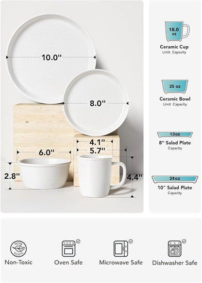 LE TAUCI Dishes Set with Mugs for 4, Stoneware Plates and Bowls Set, 10" Dinner & 8" Salad Plates, 6" Bowls, 18 oz Cups, Stackable, Microwave & Dishwasher Safe Ceramic Dinnerware, 16-Piece, White