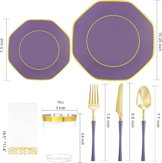 KIRE 140Pcs Purple Plates with Gold Rim - Image 2