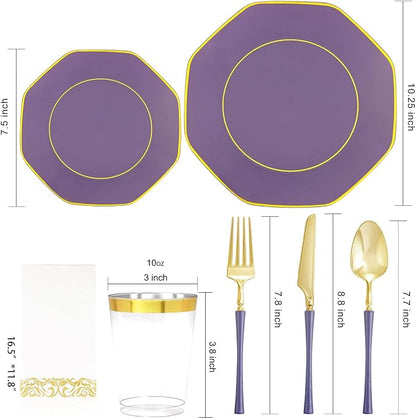 KIRE 140Pcs Purple Plates with Gold Rim - Image 2