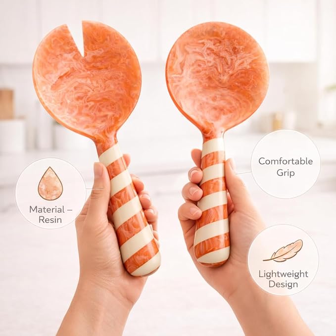 SS CRAFTS INDIA Premium 9" Peach Striped Handle Resin Salad Servers | Set of 2 - Image 4