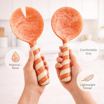 SS CRAFTS INDIA Premium 9" Peach Striped Handle Resin Salad Servers | Set of 2 - Image 4