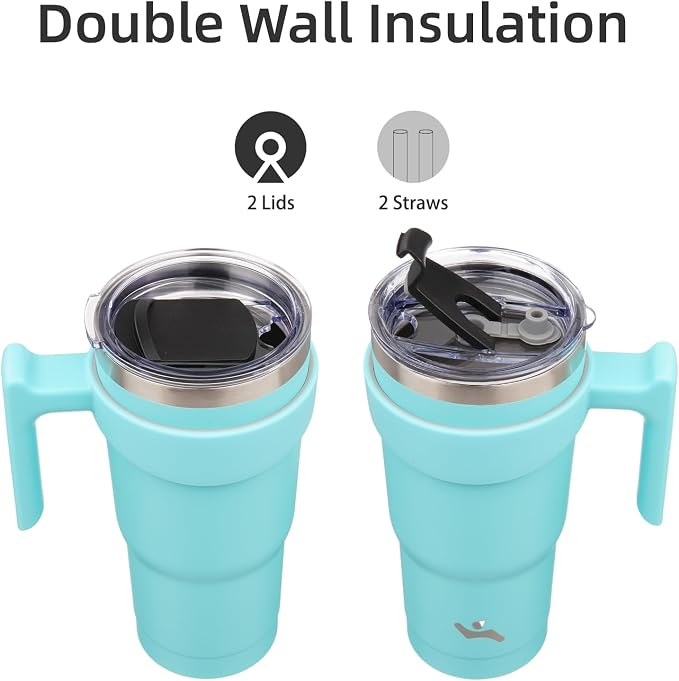 Konokyo 20 oz Tumbler with Handle and Straw, Insulated Travel Mug | Turquoise; - Image 3