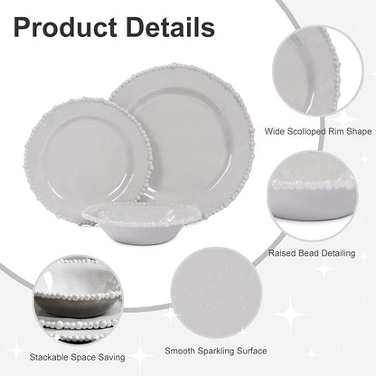 Grey Pearl 12-Piece Melamine Dinnerware Set - Unbreakable Plastic Plates & Bowls, Service for 4, Dishwasher Safe, Lightweight Shatterproof Tableware for Indoor/Outdoor Use