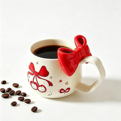DTIUYIOP-Cute Cherry Cat Ceramic Coffee Mugwith 3D Bow & Bow Spoon | kawaii - Image 4