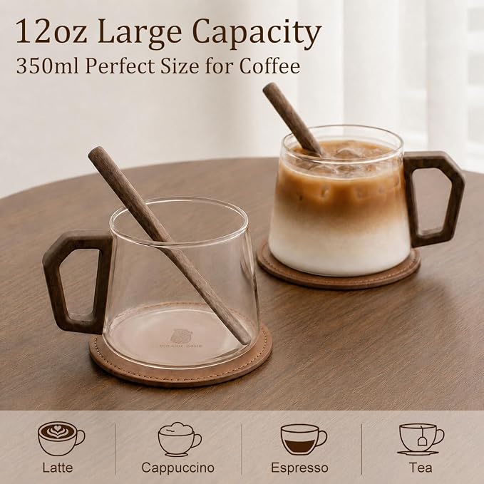 12 oz Glass Coffee Cups Set of 2, Cappuccino Cup Set - Image 2