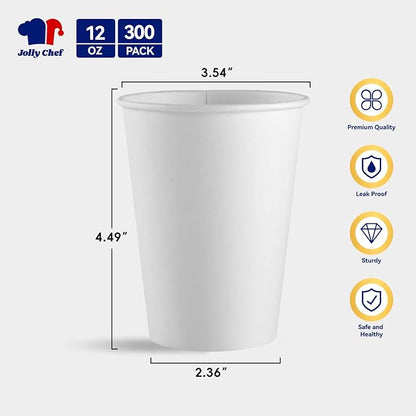 JOLLY CHEF 300 Pack Disposable Paper Coffee Cups White 12 oz Hot Beverage Paper - Image 2