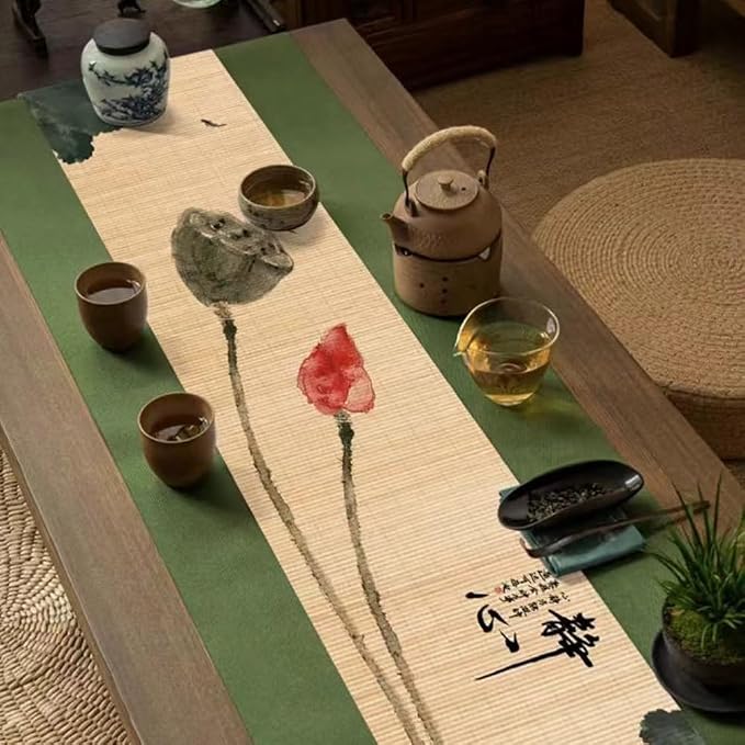 Asian Style Bamboo Table Runner, Ancient Chinese Paintings Zen Table Mat by Unknown