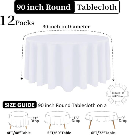 12 Pack White Round Tablecloth 90 Inch White Table Cloth Stain and Wrinkle Resistant Reusable and Washable Polyester Fabric Table Covers for Buffet Wedding Party and Banquet
