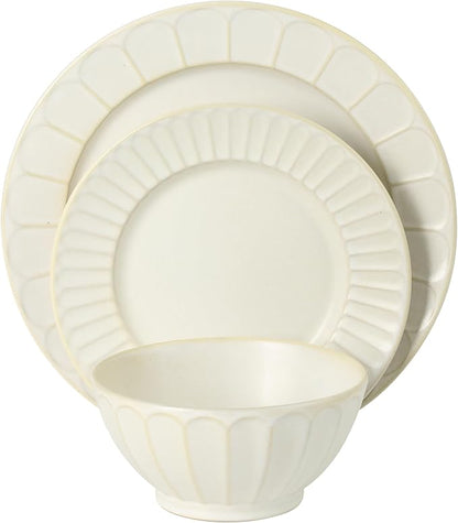 Gibson Elite Winchester Way 12-Piece Embossed Stoneware Dinnerware Set – Reactive Matte Glaze, Durable Lightweight-Tech Plates & Bowls, Everyday Dish Set, Microwave & Dishwasher Safe – Off-White