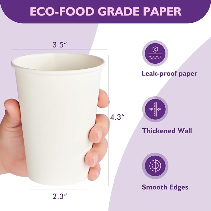 12 oz White Paper Coffee Cups, Disposable Hot Cups - Image 2