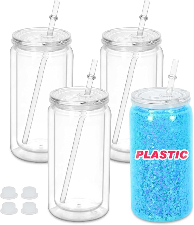 16 Oz Plastic Snowglobe Tumbler, 4 Pack Pre-Drilled Double Wall Plastic Clear by Maucircol