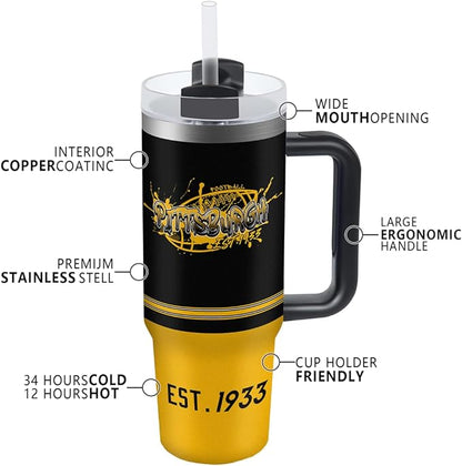 Pittsburgh 30 oz Tumbler with Handle and Straw,Car cup,Coffee Mug,100% Leakproof Insulated Tumbler with Lid and Straw,Made of Stainless Steel,Cup Holder Friendly Base,Classic Collection Gifts for Fans