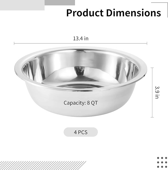 4pc Stainless Mixing Bowls, Large Deep Mirror Finish Kitchen Prep Basins | - Image 4