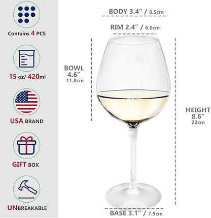 Plastic Wine Glasses Set of 6(15oz) |Unbreakable Wine Glasses with Stem|100% Tritan & BPA Free |Dishwasher Safe| Awesome For Pool, Beach, Travel, Pool, Camping, Beach, Picnic, Everyday Use.