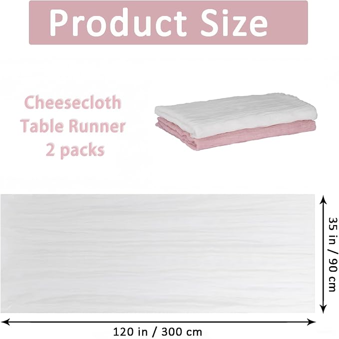 Cheesecloth Table Runner 2 Pack White and Dusty Pink, Boho Gauze Table Runner - Image 2