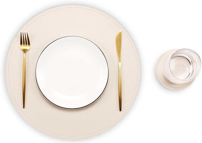 Set of 8 Faux Leather Round Placemats and Coasters, Coffee Mats Kitchen Table Mats, Waterproof, Easy to Clean for Kitchen Dining Round Table, 13 inch Beige