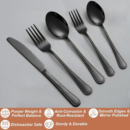 20 Pcs Black Silverware Set for 4, Food Grade Stainless Steel Flatware Set - Image 3