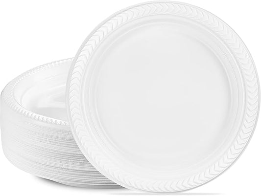 PLASTICPRO 100 PCS White Plastic Round 9 Inch Plastic plates Premium Quality Light Weight Disposable Dishes Dinner Plates for Parties Weddings