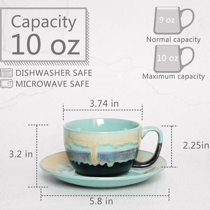 Bosmarlin Ceramic Cappuccino Cup and Saucer Set of 2, 10 Oz, Dishwasher and - Image 2